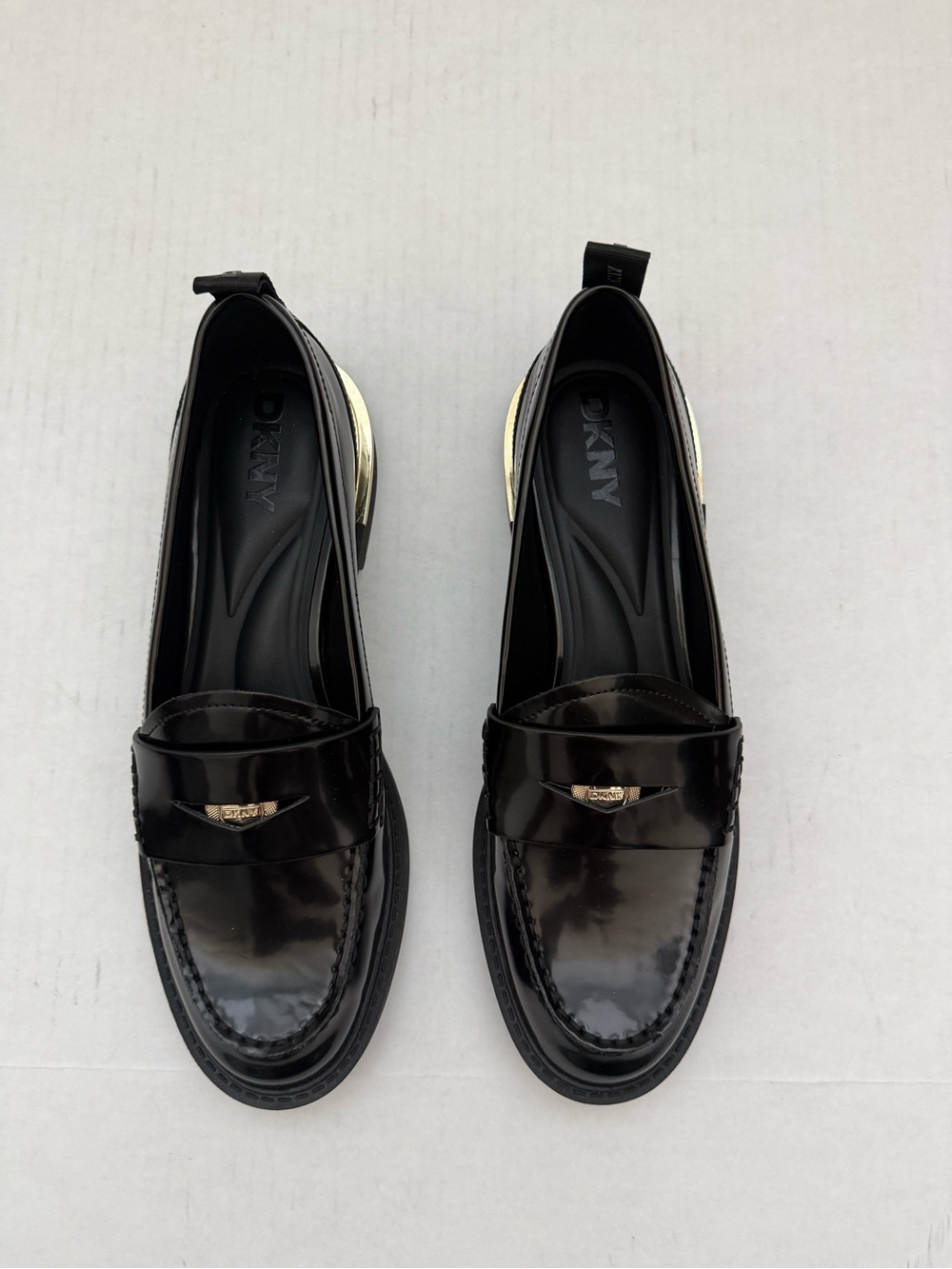 DKNY Black Patent Loafers with Gold Accent Size 10 - Picture 9 of 14